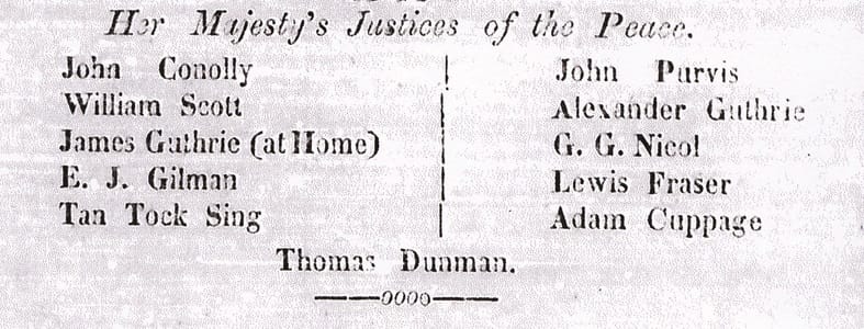 "List of Justices of the Peace, with names split into two columns and Thomas Dunman listed separately."